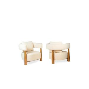 Pair Of “bean” Shaped Armchairs, In Blond Beech. Contemporary Work.