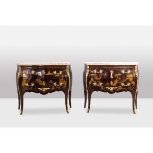 Pair Of Louis XV Style Commodes In Lacquer And Bronze. 1950s. Ls45583308c