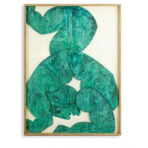 « Les Jumeaux », bas-relief encadré de chêne en bois et cuivre patiné. LS64863009P