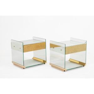 Pair Of Bedside Tables Or Sofa Ends In Brass, Glass And Mirror. 70's Ls6566387u