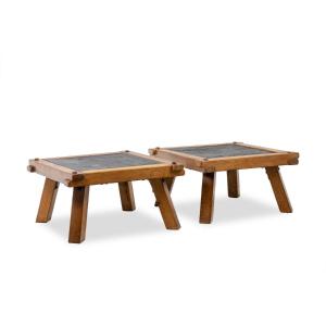 Paire de tables basses Brutaliste en chêne et ardoise.  Circa 1960. LS66021256/2P