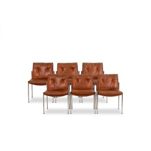 Series Of 6 Chairs In Leather And Chromed Metal, 1970s Ls5184907b