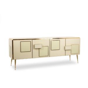 Enfilade en verre opalin crème et bronze doré. Contemporain. LS68582009U