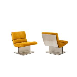Paul Geoffroy. Pair Of Brushed Steel Armchairs. 1970s. Ls