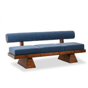 Banquette 3 places en frêne clair et velours de mohair bleu. Contemporain LS6822A1609K