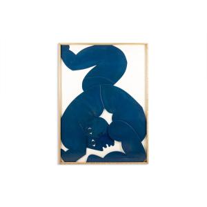 "the Twins". Bas-relief Panel In Blue-lacquered Wood. Contemporary.
