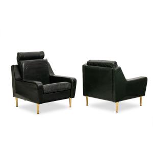 Airborne. Pair Of Green Leather Armchairs. 1950s.ls68601609p