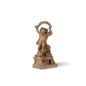 Sculpture en terre cuite de style Rocaille, Enfants et fleurs. Vers 1850.LS6899