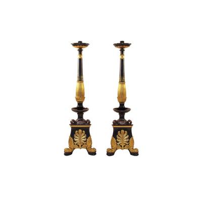 Pair Of Black Earthenware Torchieres With Gilt Bronze, Restauration Style, 1950 - Ls32161801