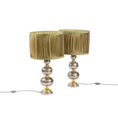 Pair Of Rosary Lamps In Chromed And Gilt Metal, 1970’s - Ls3888341