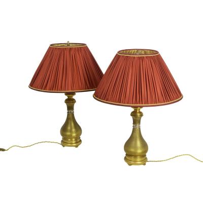 Maison Gagneau, Pair Of Lamp In Guilloche Gilt Brass, Late 19th Century- Ls2554830