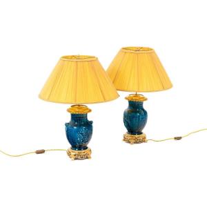 Pair Of Lamps In Ceramic And Bronze, Circa 1880, Ls47581076