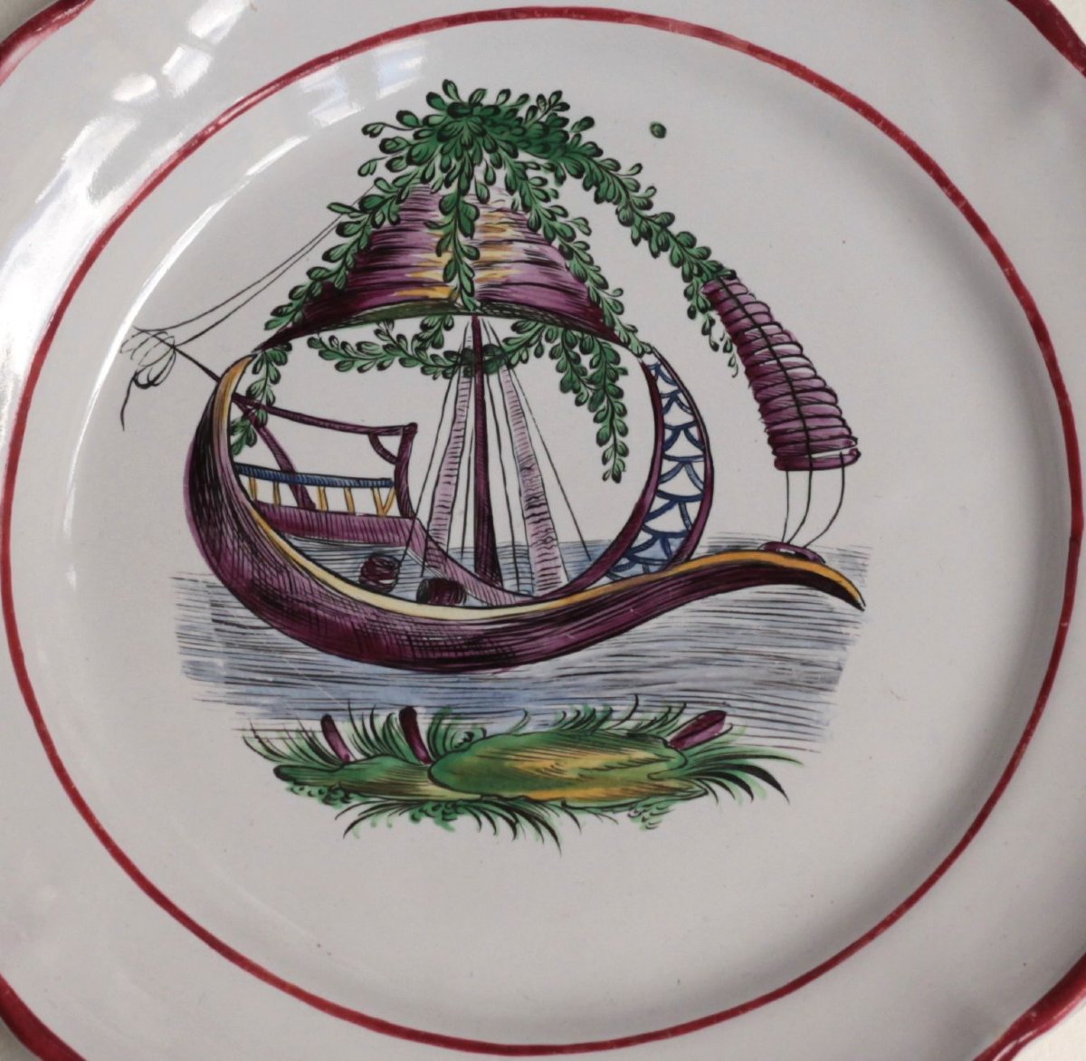 Assiette en faïence des Islettes - Bois d'Epenses à décor d'une jonque. 1ere moitie XIXe siècle-photo-2