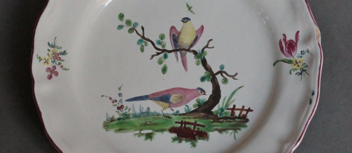 Rouen Earthenware Plate Decorated With Branched Birds In Small Fire. Eighteenth Century.-photo-2