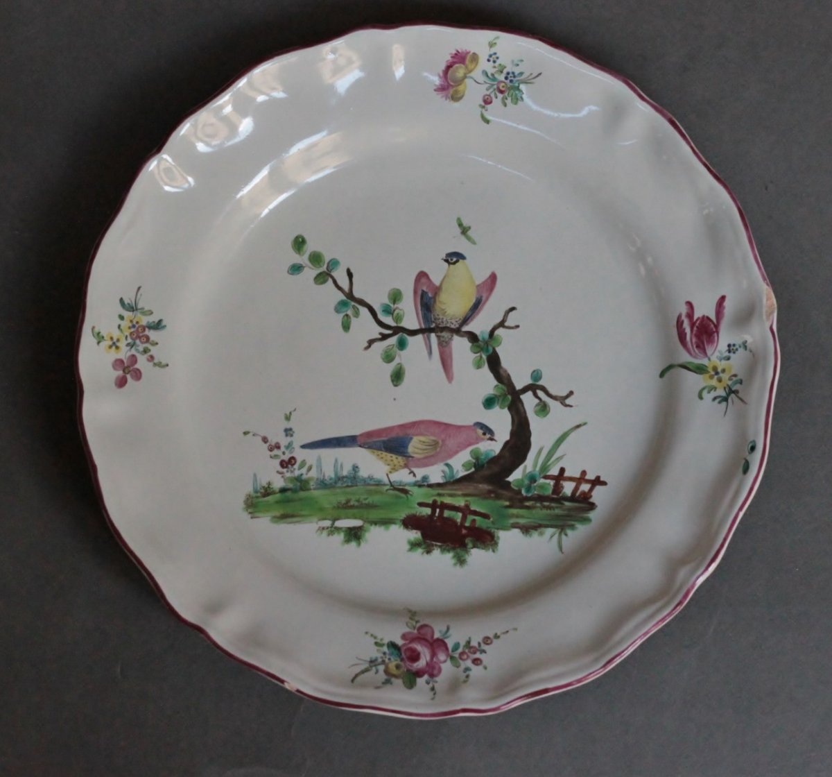Rouen Earthenware Plate Decorated With Branched Birds In Small Fire. Eighteenth Century.-photo-4