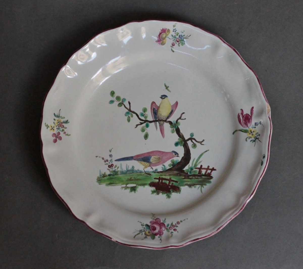 Rouen Earthenware Plate Decorated With Branched Birds In Small Fire. Eighteenth Century.