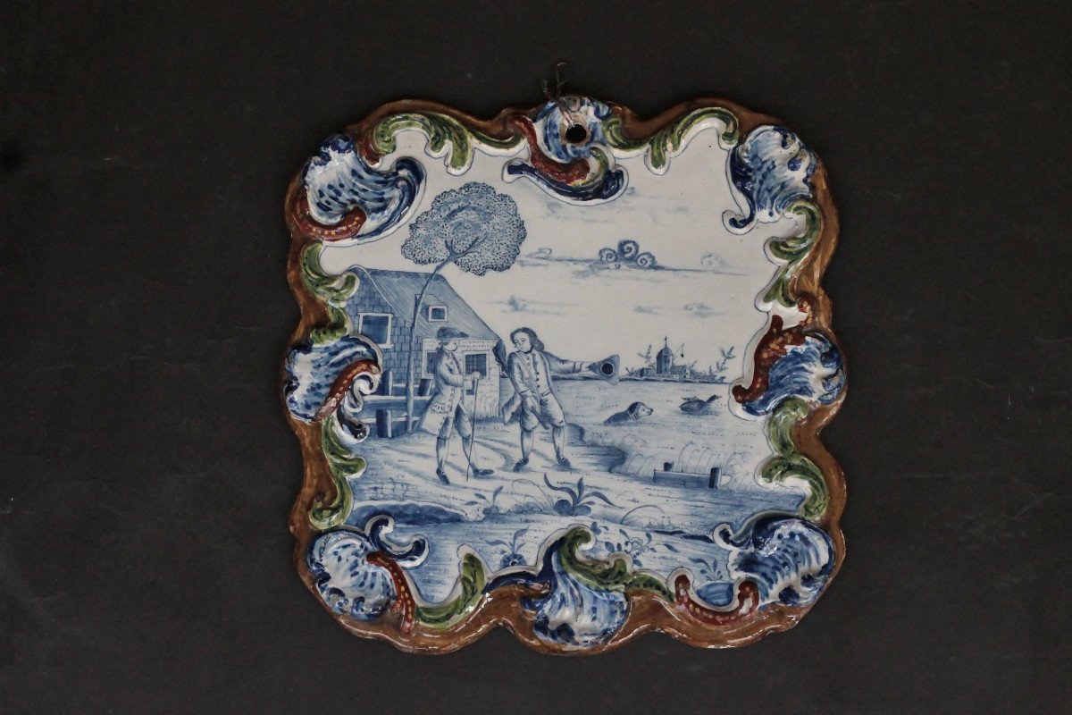 Plaque Carrée En Faïence De Delft, Scéne De Chasse Au Canard. XVIIIe Siècle.-photo-2