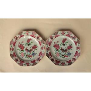 Pair Of Chinese Porcelain Plates With Famille Rose Decor, 18th Century.