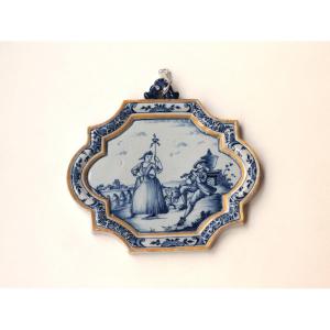 Plaque en faïencede Delft à décor en camaïeu bleu, inscription Frederik Sefiman 1763, 18e s.