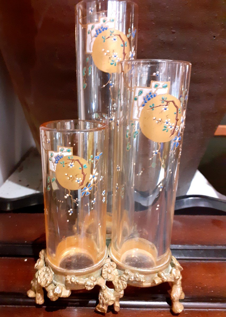 Triple Vase Baccarat Japonisant monture bronze art nouveau-photo-7