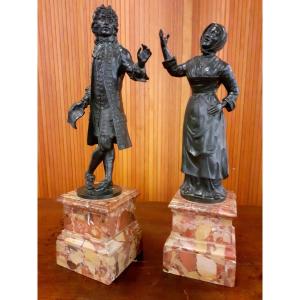 Paire De Sculptures En Bronze,couplé De Comédiens,fin 18ème Siècle Ou Début Du 19 Eme