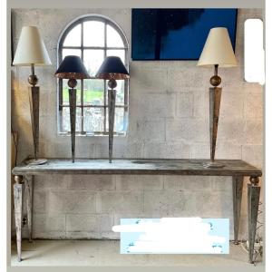 Art Deco Set Including A Large Console, A Pair Of Lamps And Two Torchiere Wall Lights
