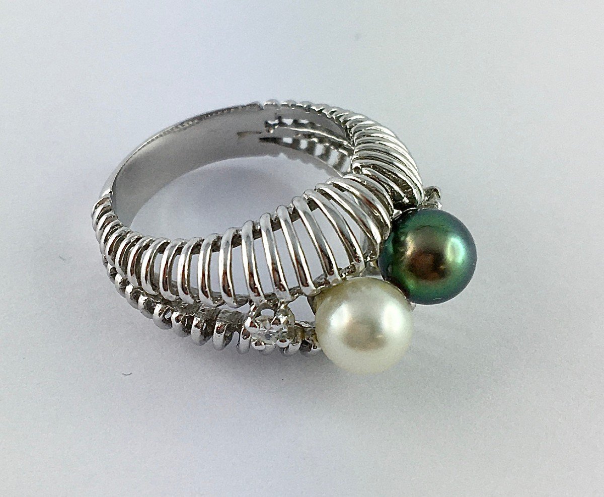 Vintage Ring Toi Et Moi Tahitian Pearl And Akoya, Diamonds On White Gold-photo-3