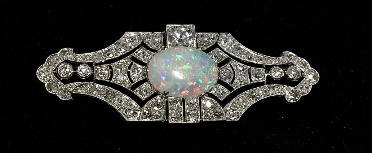 Broche Plaque Art Déco Opale Cabochon Diamants Sur Platine -photo-2