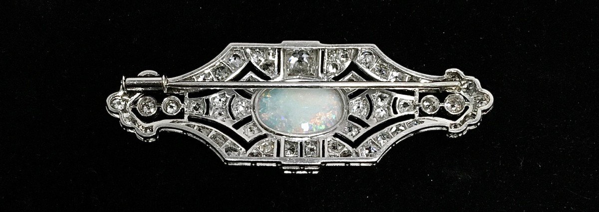 Broche Plaque Art Déco Opale Cabochon Diamants Sur Platine -photo-6