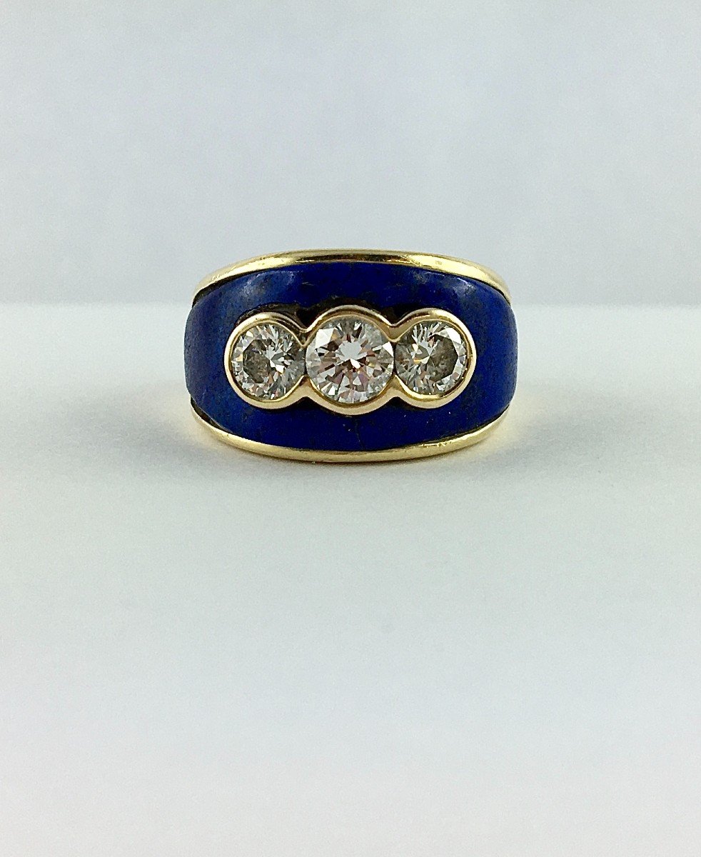 Lapis Lazuli Certified Diamond Trilogy Ring Yellow Gold Band-photo-2