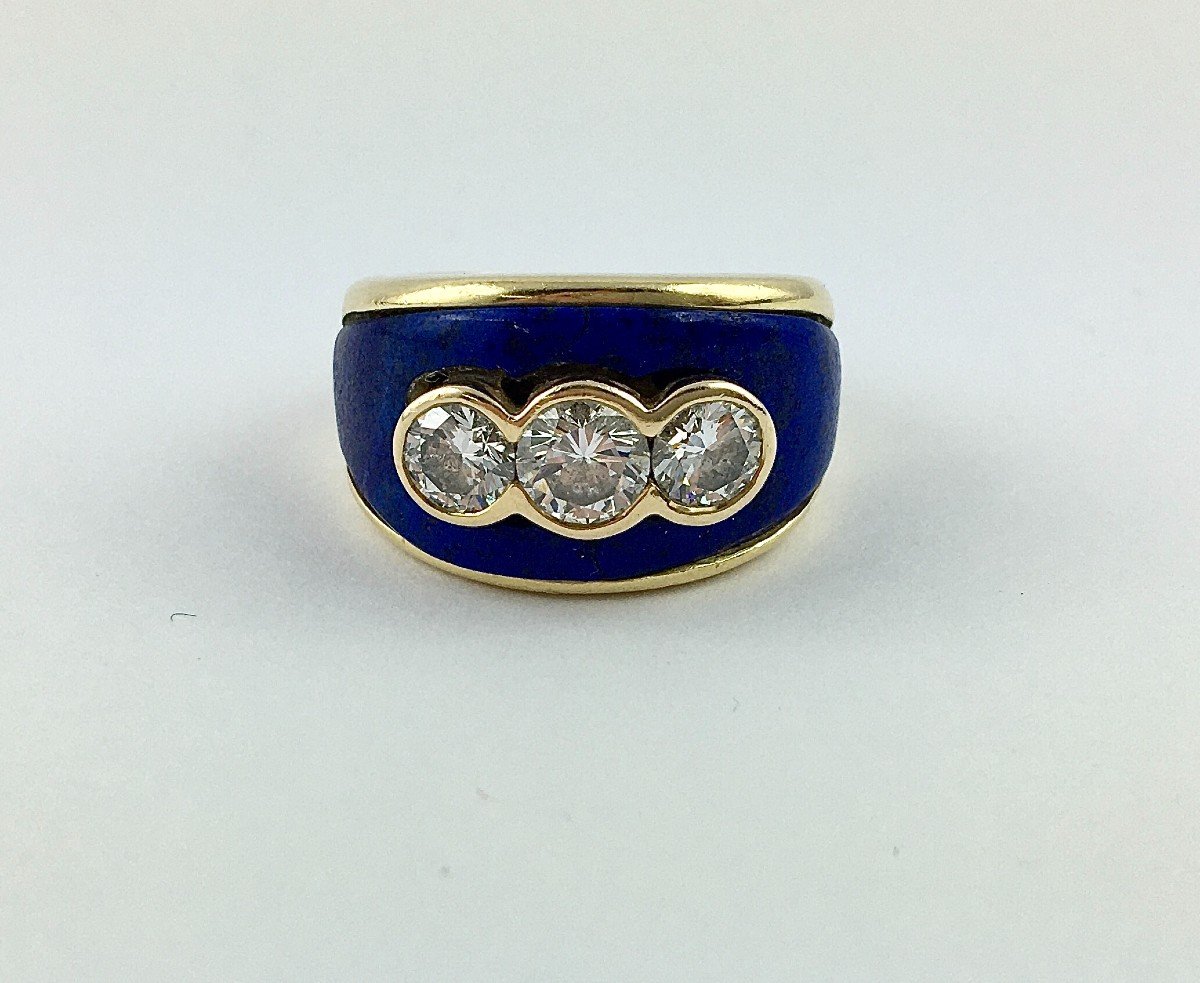 Lapis Lazuli Certified Diamond Trilogy Ring Yellow Gold Band-photo-3
