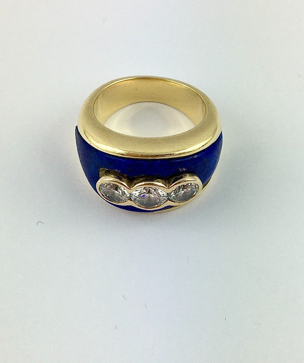 Lapis Lazuli Certified Diamond Trilogy Ring Yellow Gold Band-photo-4