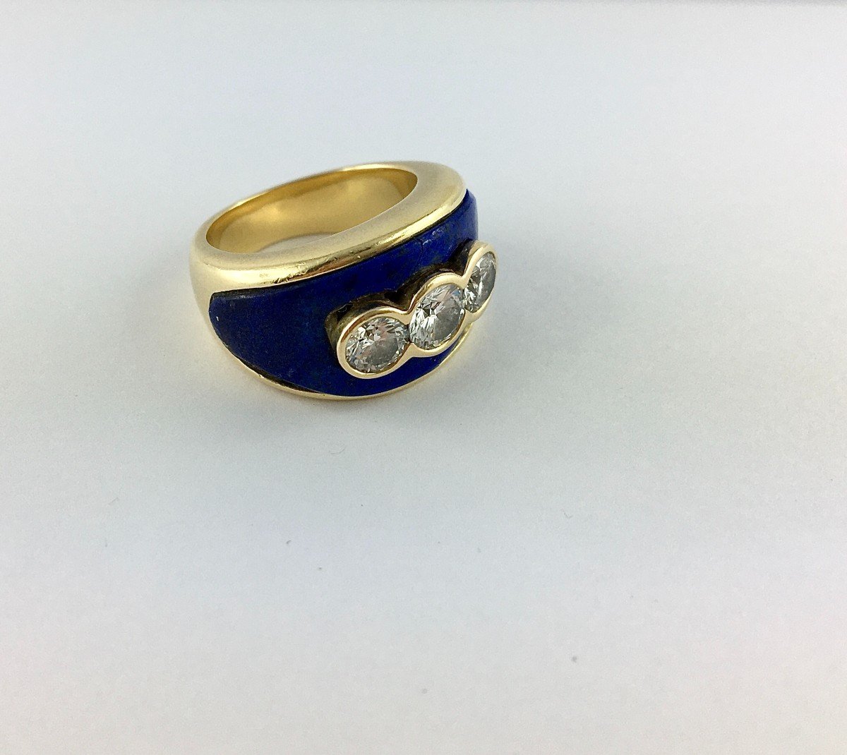 Lapis Lazuli Certified Diamond Trilogy Ring Yellow Gold Band-photo-1