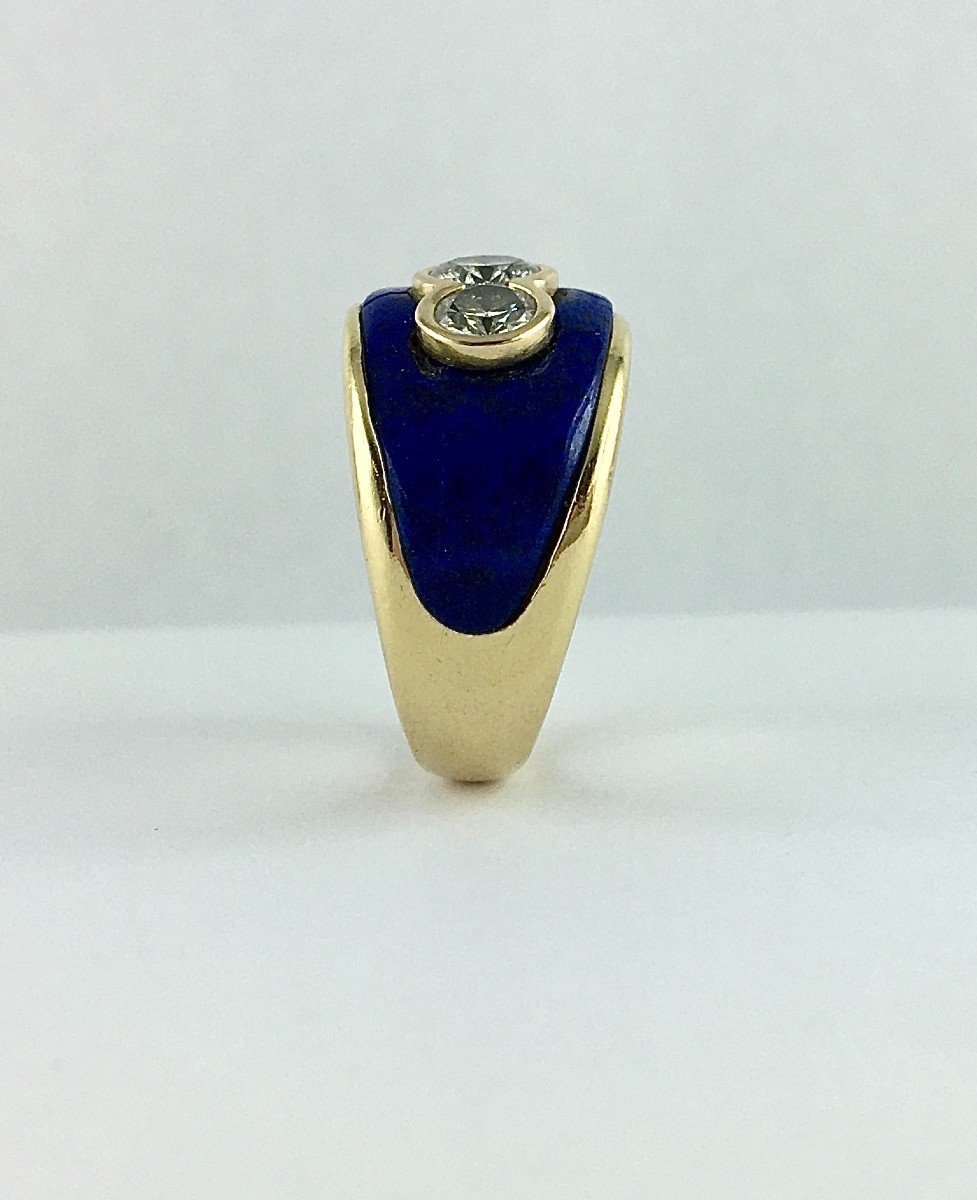 Lapis Lazuli Certified Diamond Trilogy Ring Yellow Gold Band-photo-2