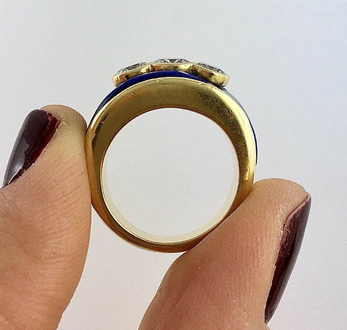 Lapis Lazuli Certified Diamond Trilogy Ring Yellow Gold Band-photo-6