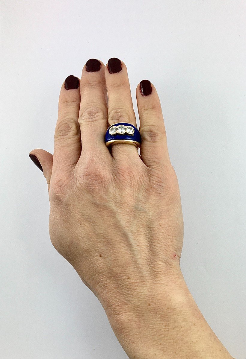 Lapis Lazuli Certified Diamond Trilogy Ring Yellow Gold Band-photo-7