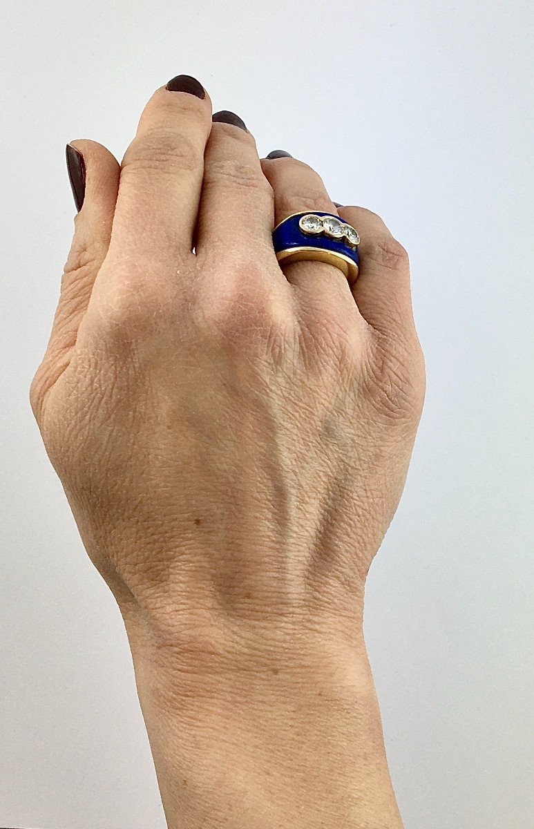 Lapis Lazuli Certified Diamond Trilogy Ring Yellow Gold Band-photo-8