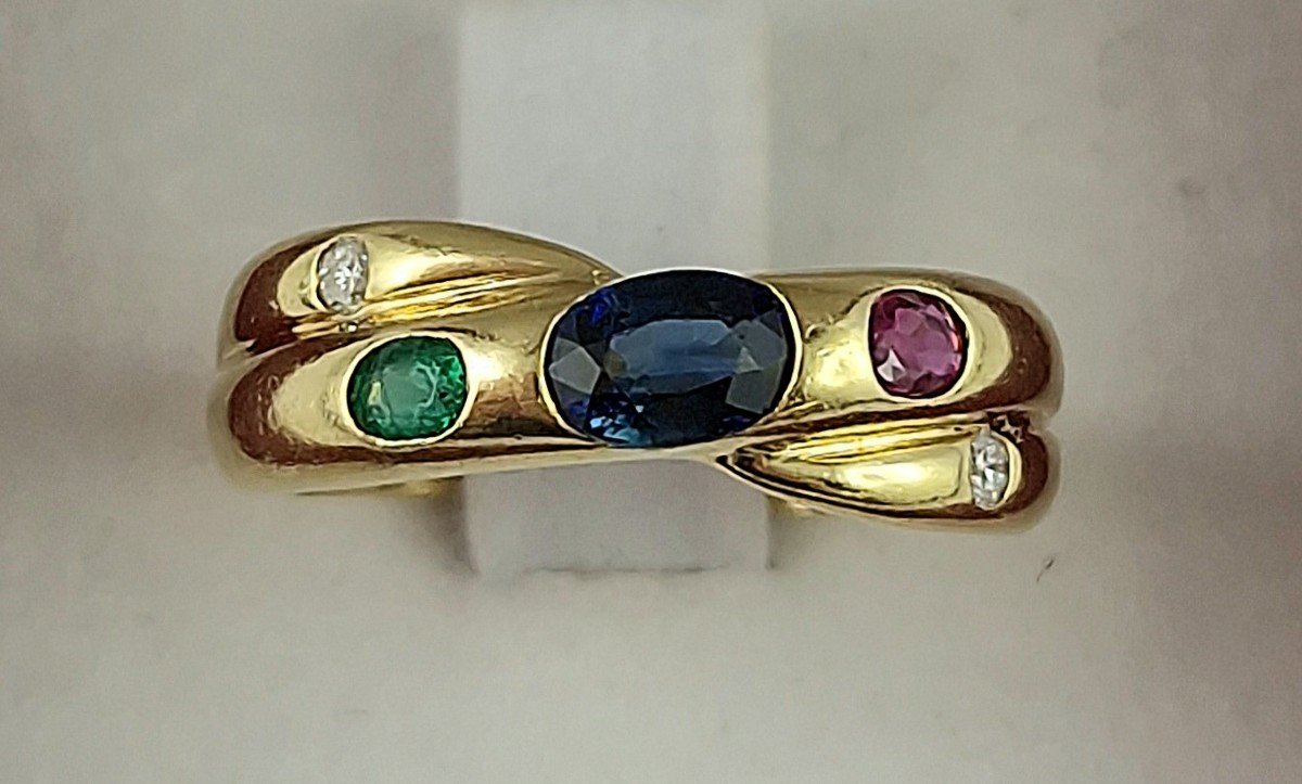 Sapphire, Ruby, Emerald And Diamond Cross Ring On Yellow Gold-photo-2