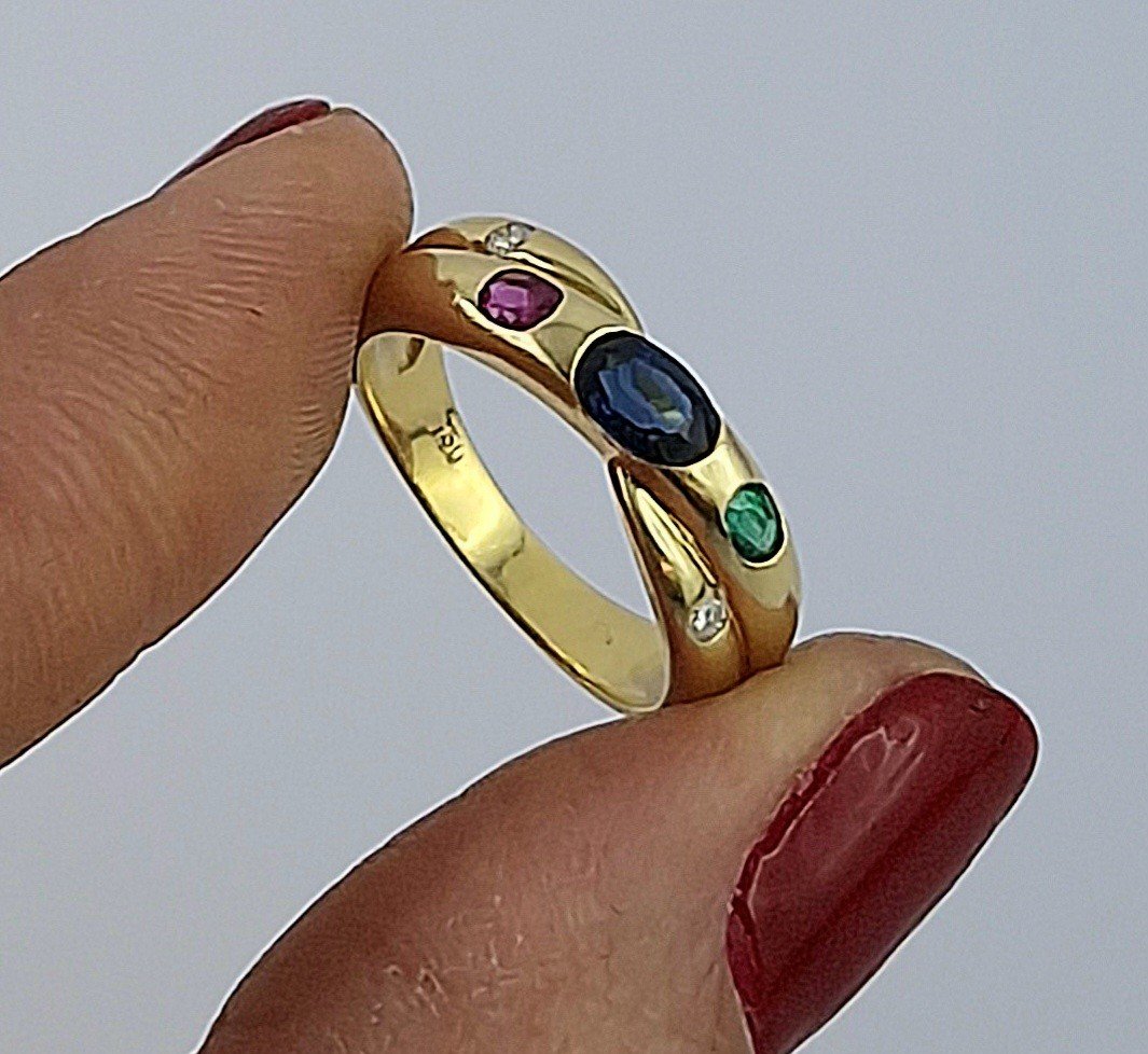 Sapphire, Ruby, Emerald And Diamond Cross Ring On Yellow Gold-photo-3