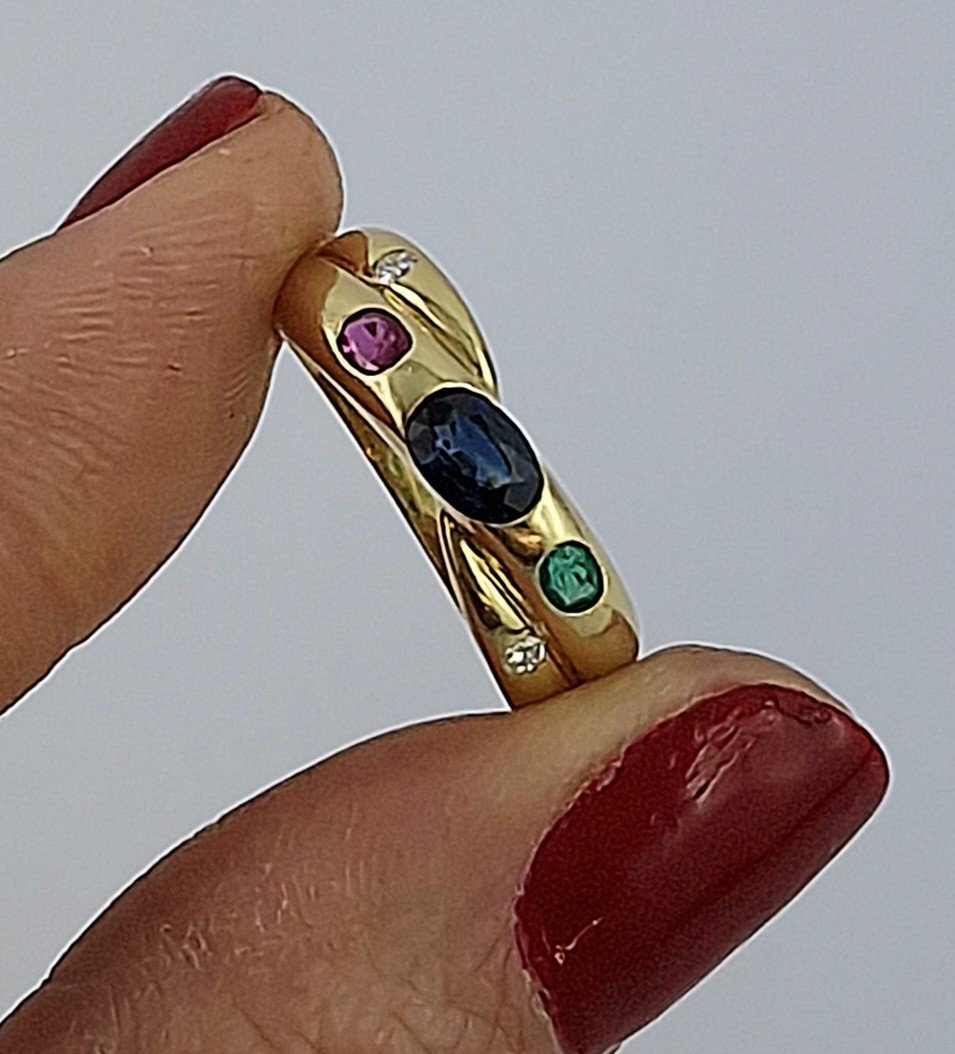Sapphire, Ruby, Emerald And Diamond Cross Ring On Yellow Gold-photo-4