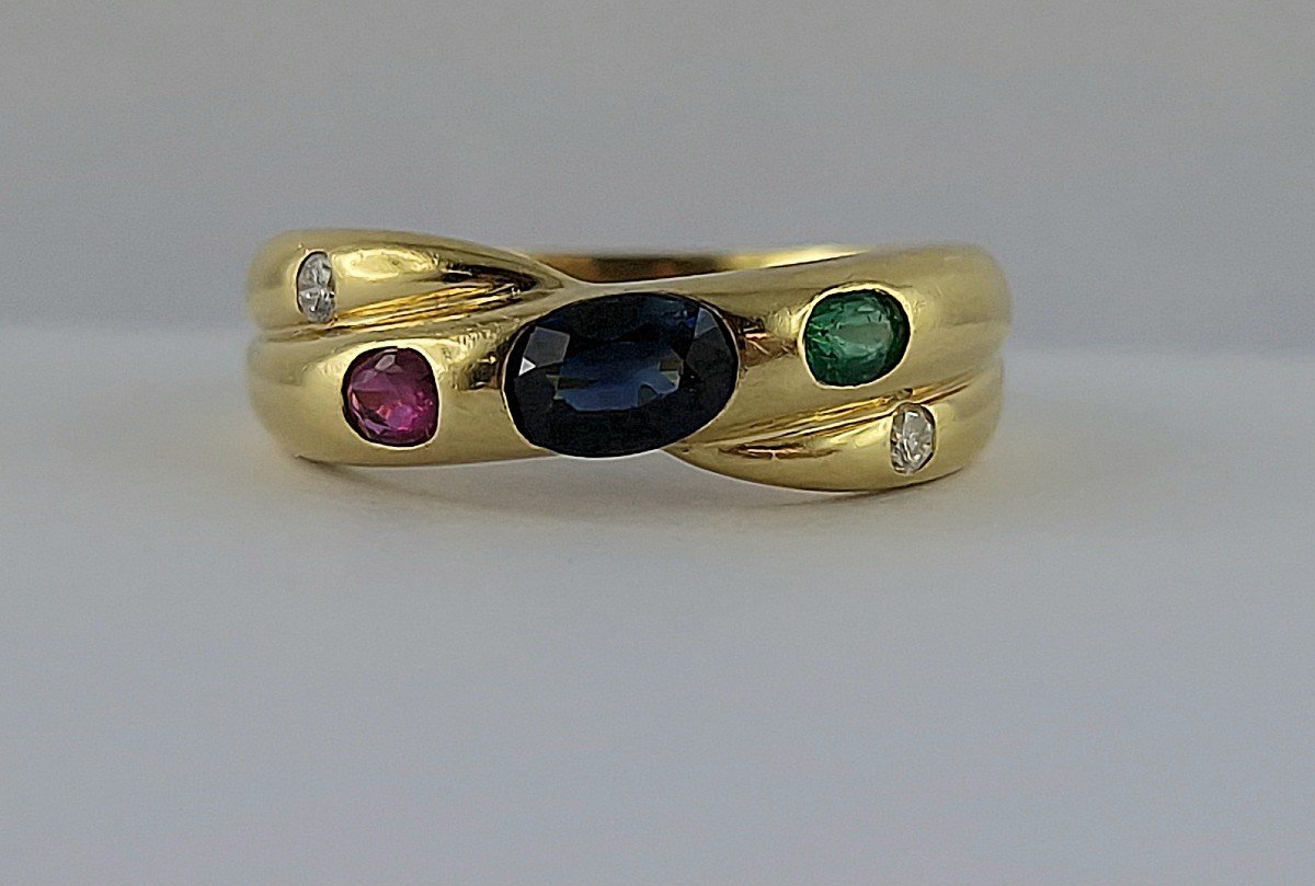Sapphire, Ruby, Emerald And Diamond Cross Ring On Yellow Gold-photo-1