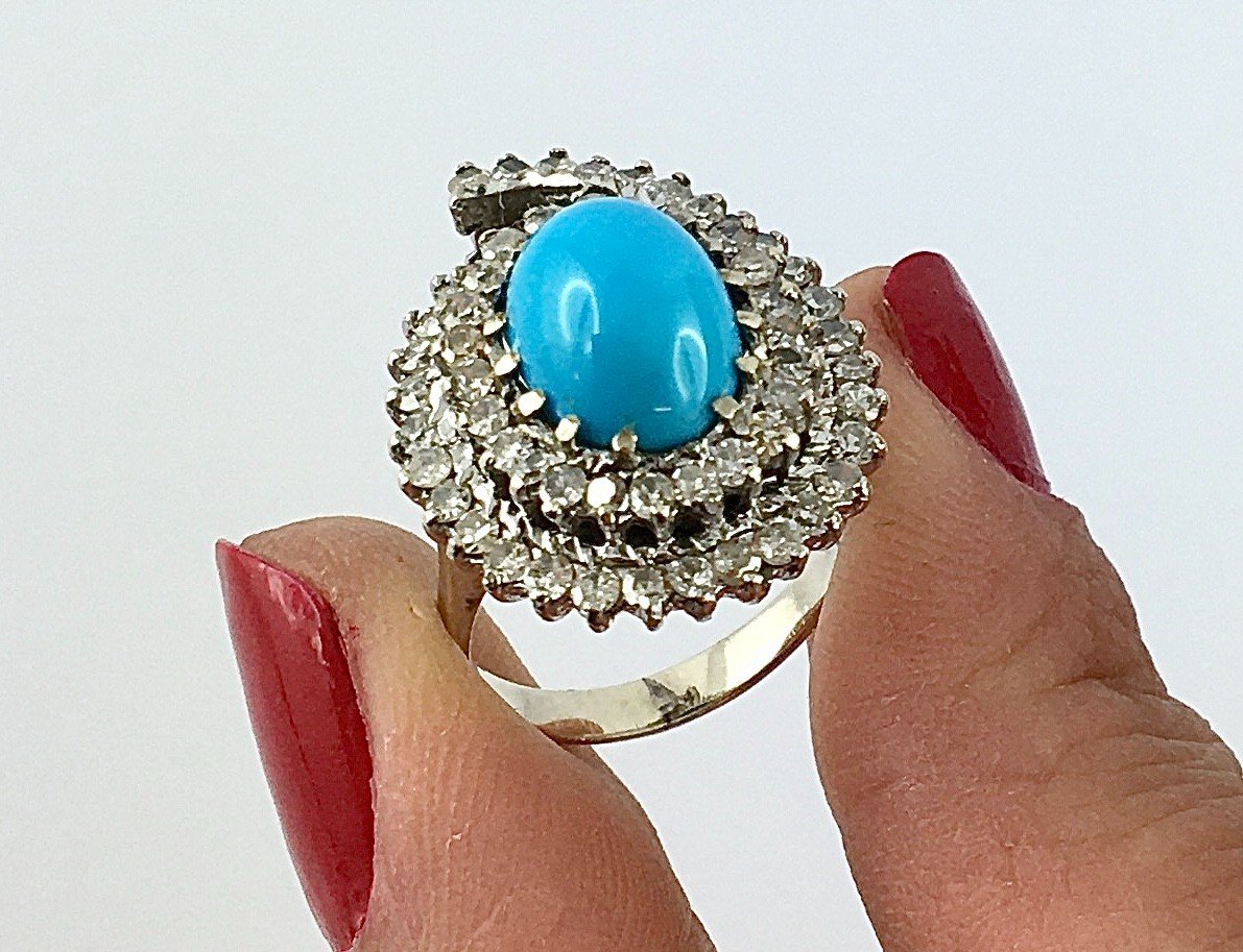 Pear Shape Ring Turquoise Cabochon Double Entourage Diamonds On White Gold-photo-3