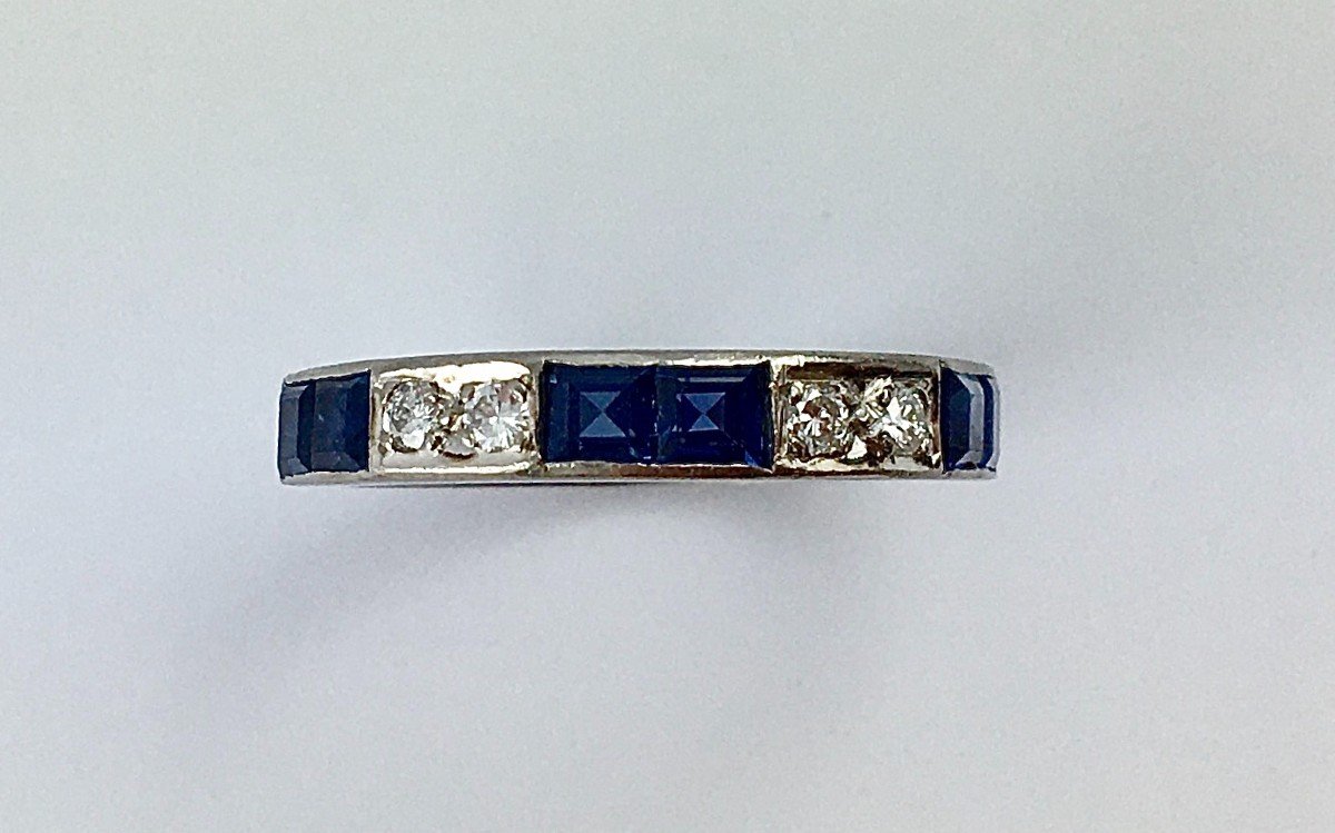 Art Deco Style Half Wedding Band Fine Calibrated Sapphires, Brilliant Cut Diamonds On White Gold-photo-2