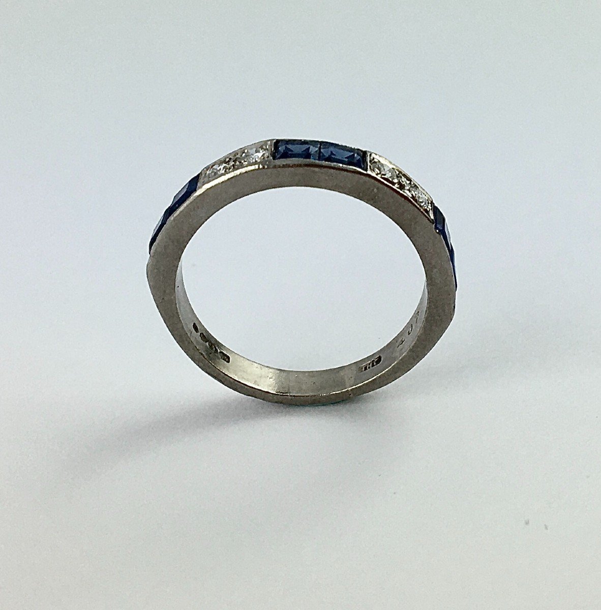 Art Deco Style Half Wedding Band Fine Calibrated Sapphires, Brilliant Cut Diamonds On White Gold-photo-4