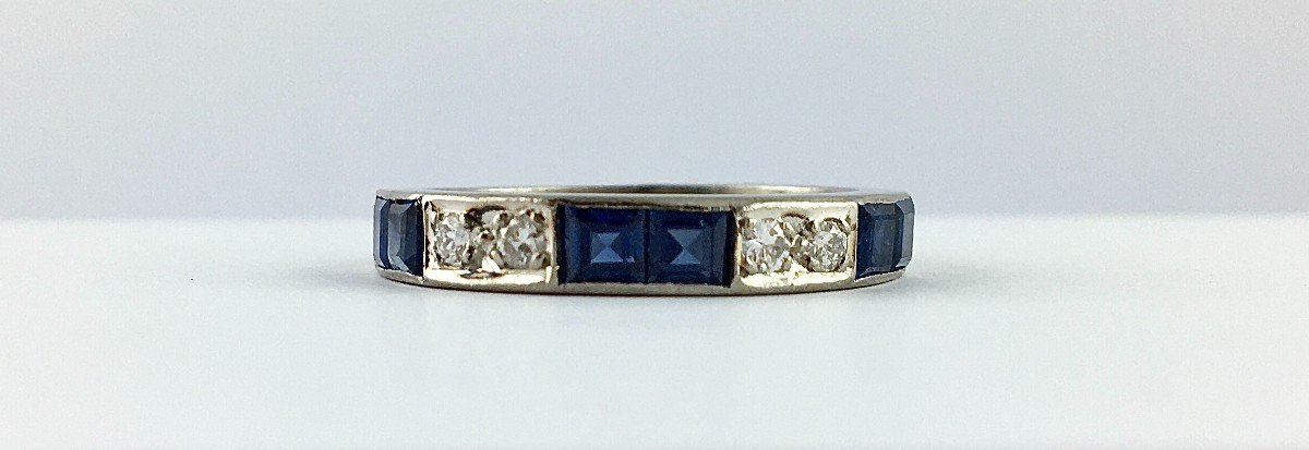 Art Deco Style Half Wedding Band Fine Calibrated Sapphires, Brilliant Cut Diamonds On White Gold-photo-1
