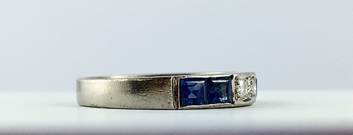 Art Deco Style Half Wedding Band Fine Calibrated Sapphires, Brilliant Cut Diamonds On White Gold-photo-2