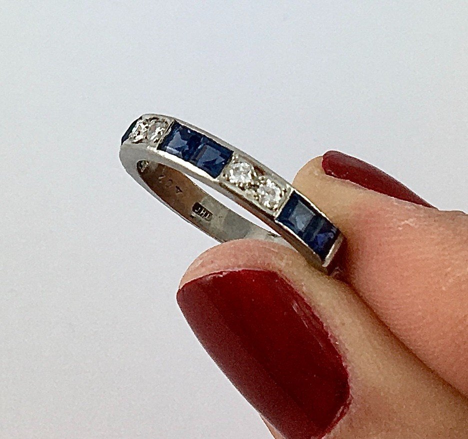 Art Deco Style Half Wedding Band Fine Calibrated Sapphires, Brilliant Cut Diamonds On White Gold-photo-6