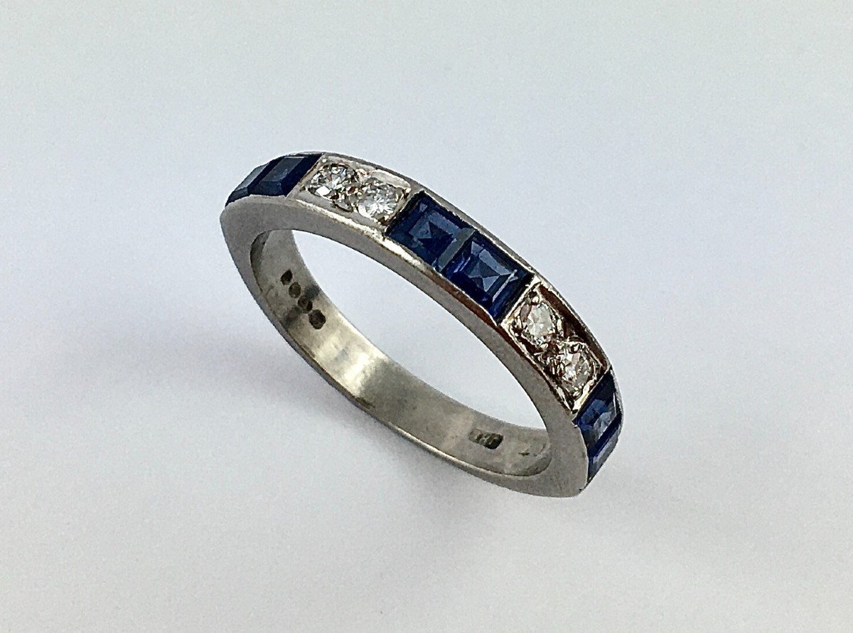 Art Deco Style Half Wedding Band Fine Calibrated Sapphires, Brilliant Cut Diamonds On White Gold