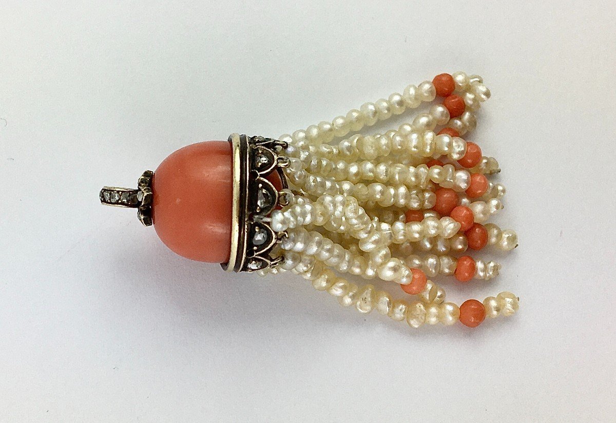 Pendentif  Pompon De Perles Fines,  Corail Et Diamants Taille Rose, Bijou Bayadère-photo-3