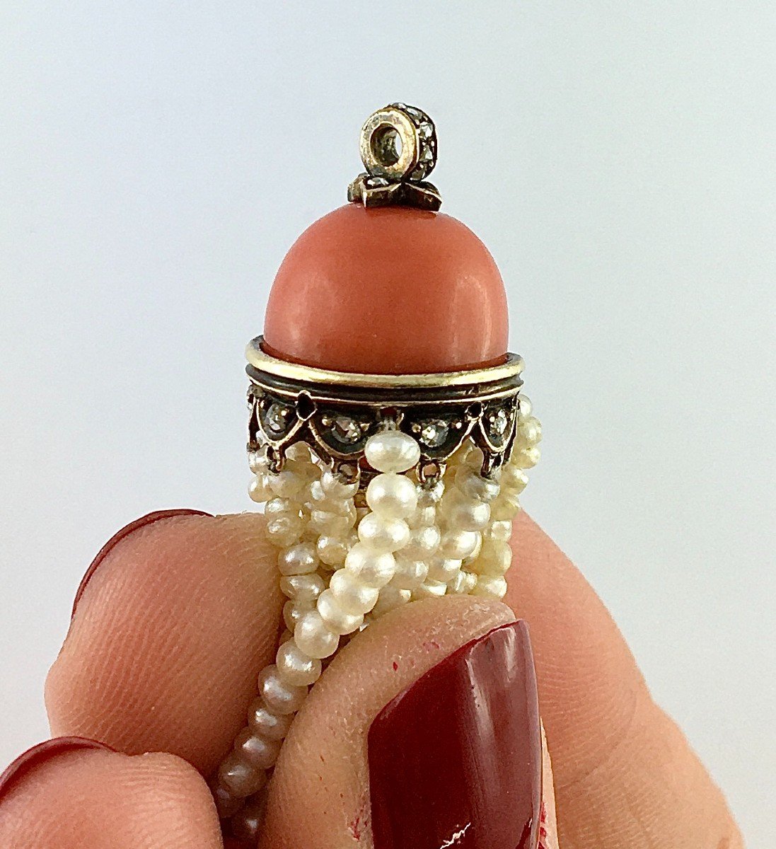 Pendentif  Pompon De Perles Fines,  Corail Et Diamants Taille Rose, Bijou Bayadère-photo-5